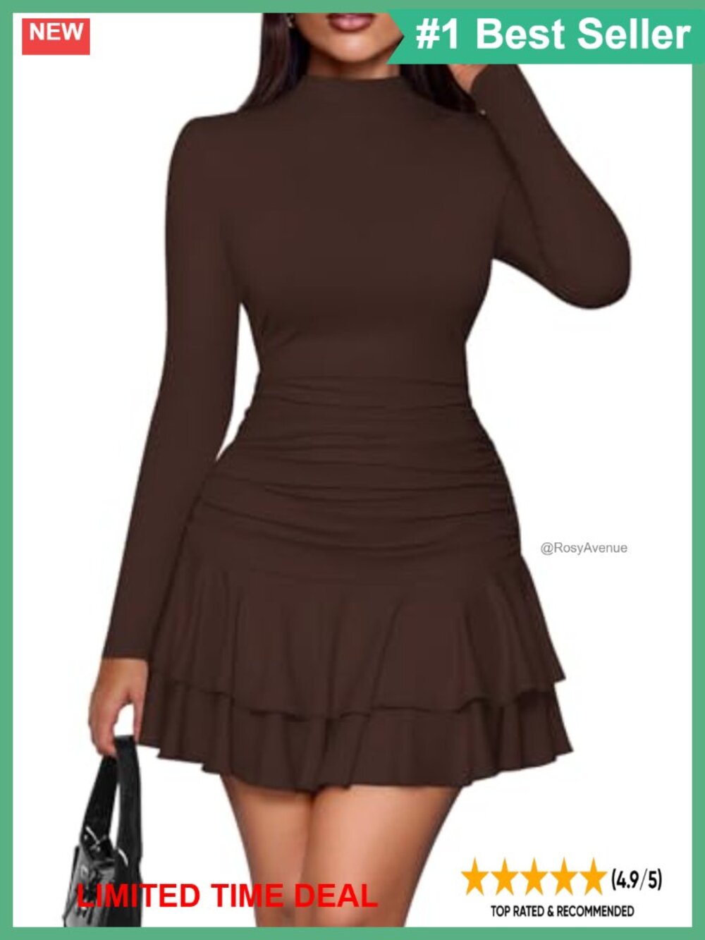 Long Sleeve Bodycon Mini Dress Ruffle Ruched Mock Neck Party Cocktail